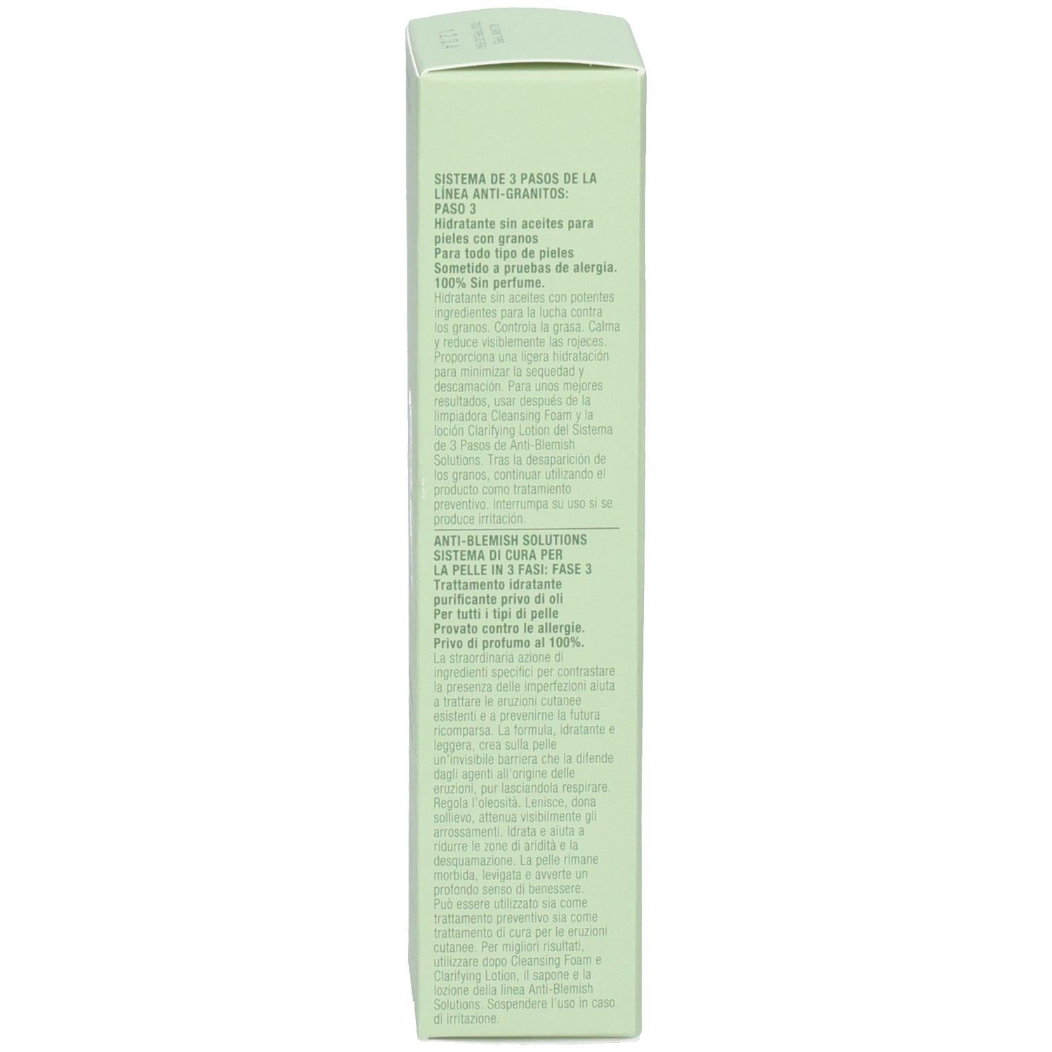 Zijkant van de Clinique Anti-Blemish Solutions doos met productinformatie.