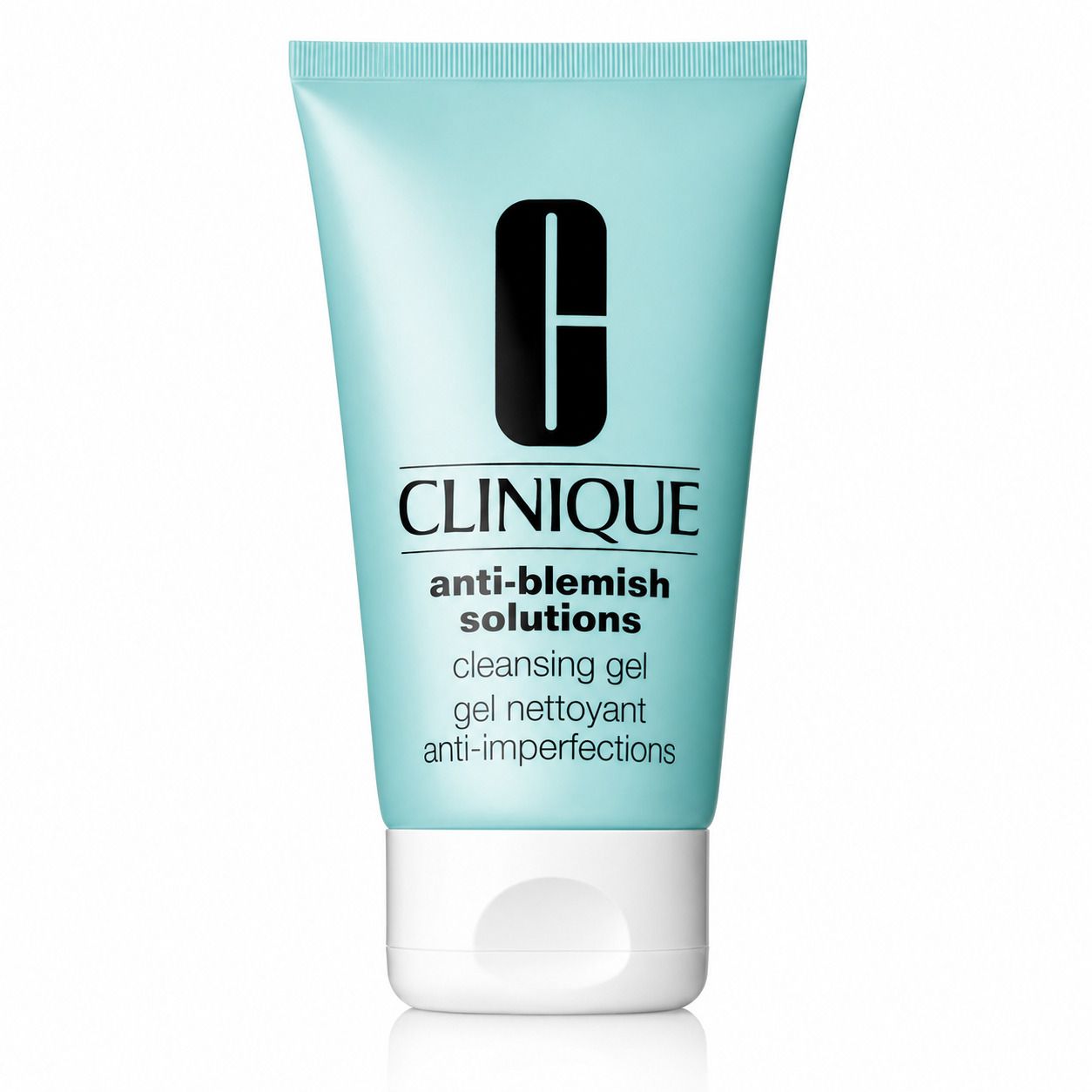 Lichtblauwe tube met witte dop. Zilverkleurig Clinique-logo en productnamen. Tekst: Anti-Blemish Solutions, cleansing gel anti-imperfections.