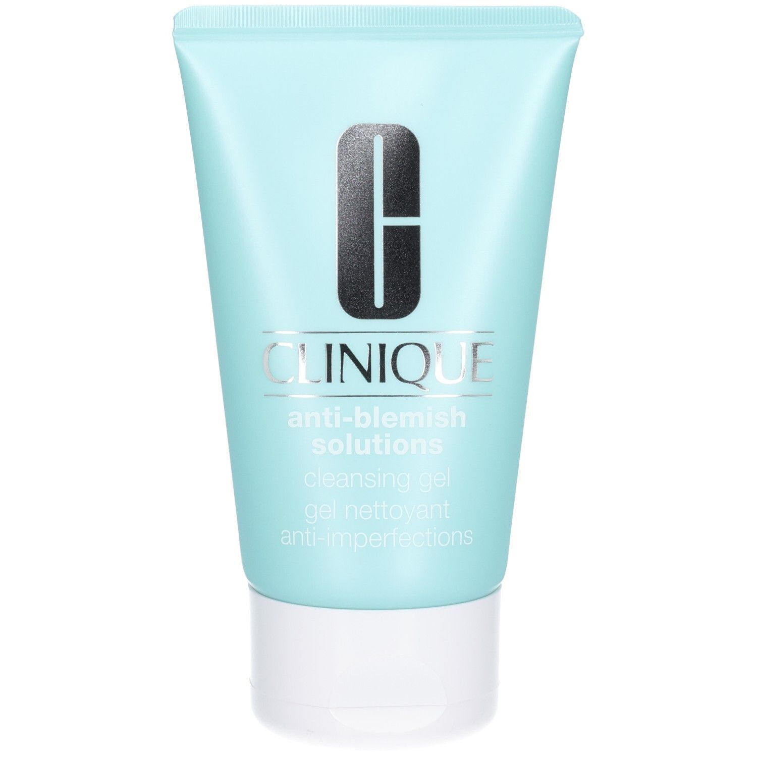 Lichtblauwe tube met witte dop. Zilverkleurig Clinique-logo en productnamen. Tekst: Anti-Blemish Solutions, cleansing gel anti-imperfections.