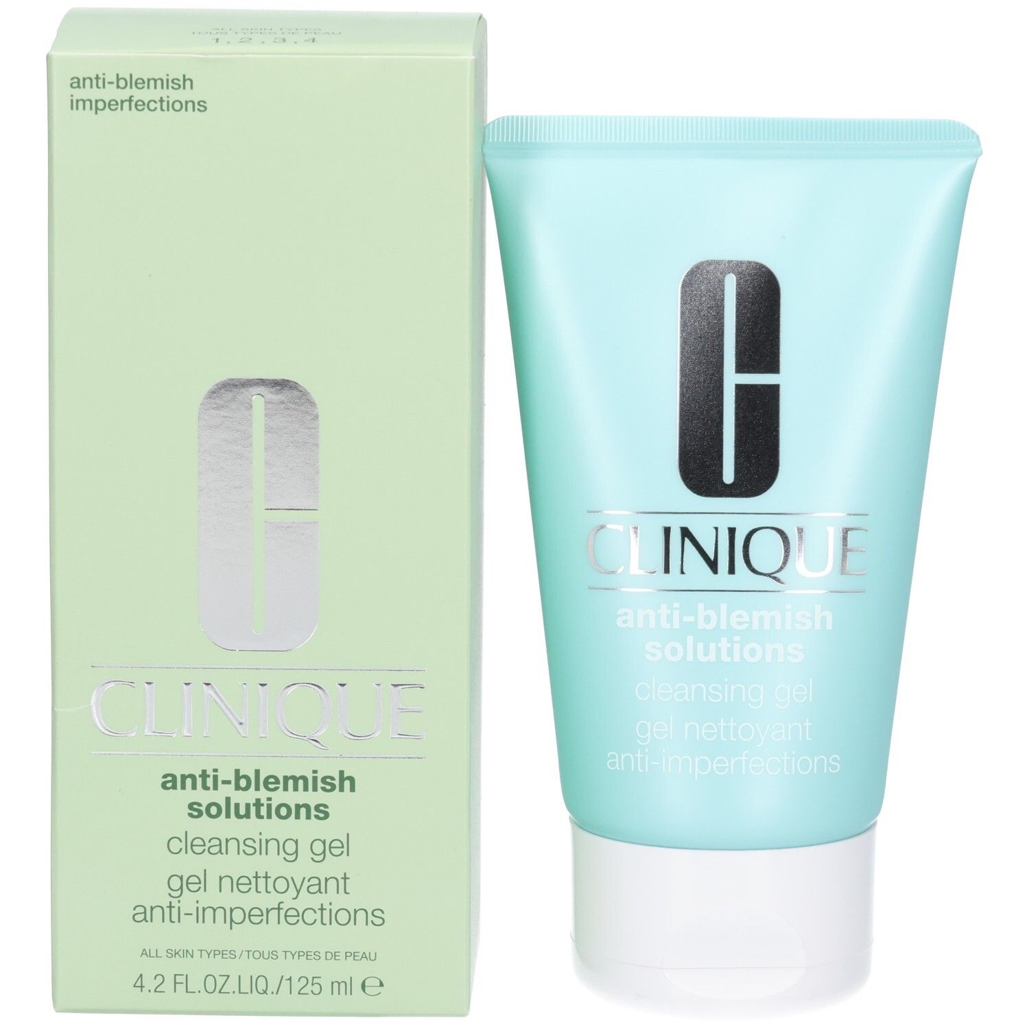 Lichtgroene doos en lichtblauwe tube met witte dop. Clinique-logo en productnamen. Tekst: Anti-Blemish Solutions, cleansing gel.