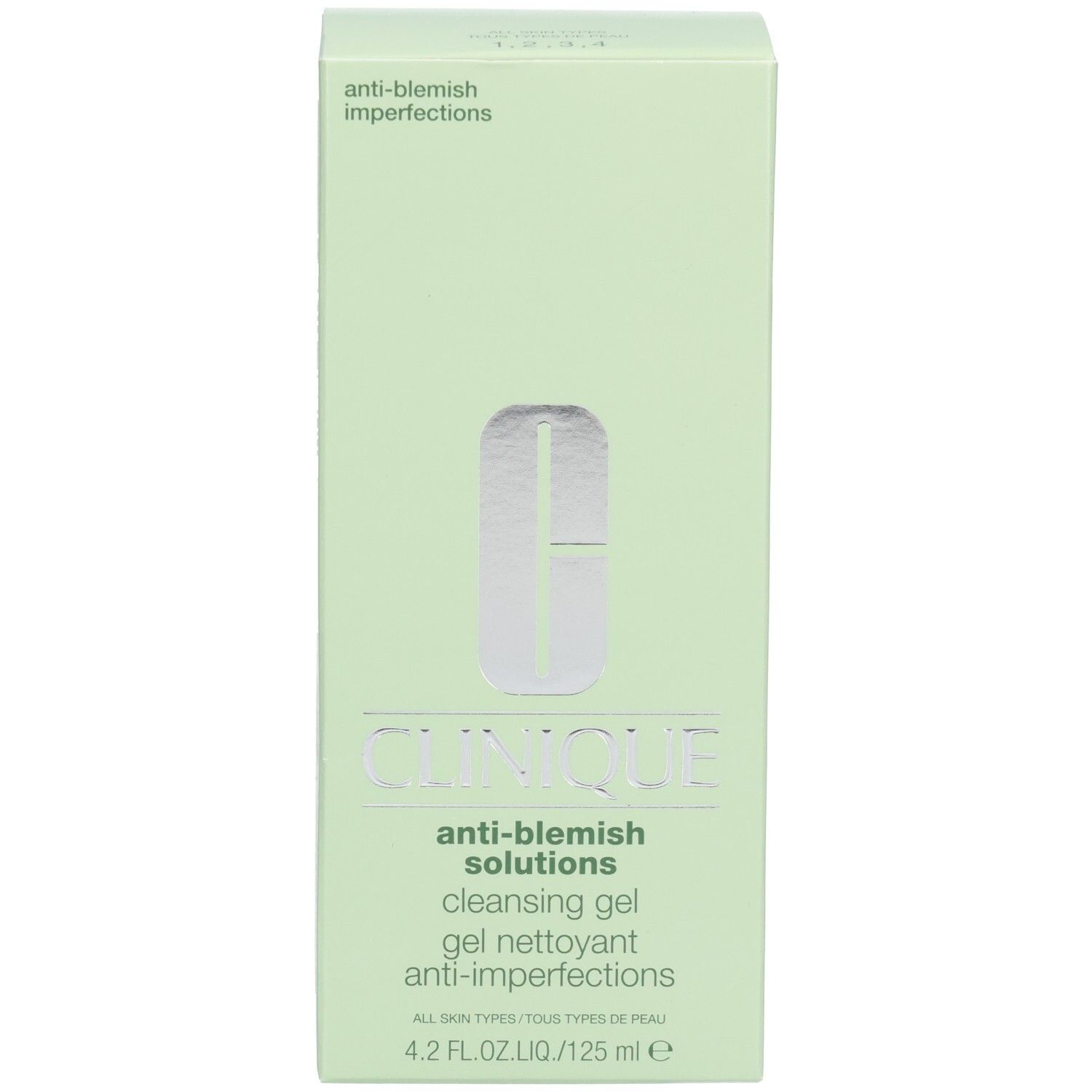 Lichtgroene doos met productnamen. Clinique-logo en tekst: Anti-Blemish Solutions, cleansing gel, anti-imperfections.