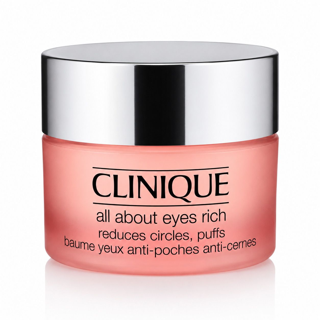 Ronde pot met zilveren deksel. Roze crème. Opschrift: Clinique all about eyes rich, vermindert kringen en wallen.