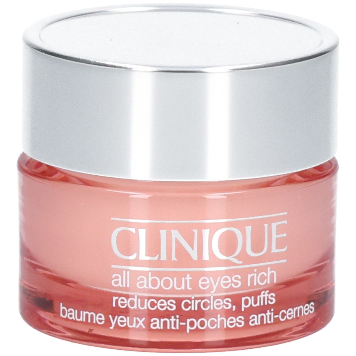 Ronde pot met zilveren deksel. Roze crème. Opschrift: Clinique all about eyes rich, vermindert kringen en wallen.