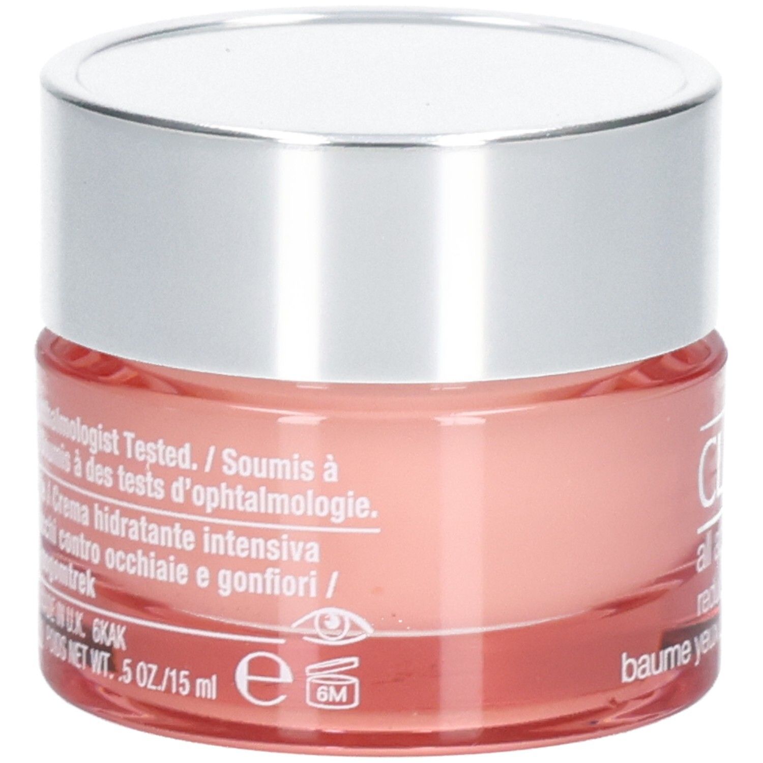 Ronde pot met zilveren deksel. Roze crème. Meertalige opschriften. 5 oz/15 ml.
