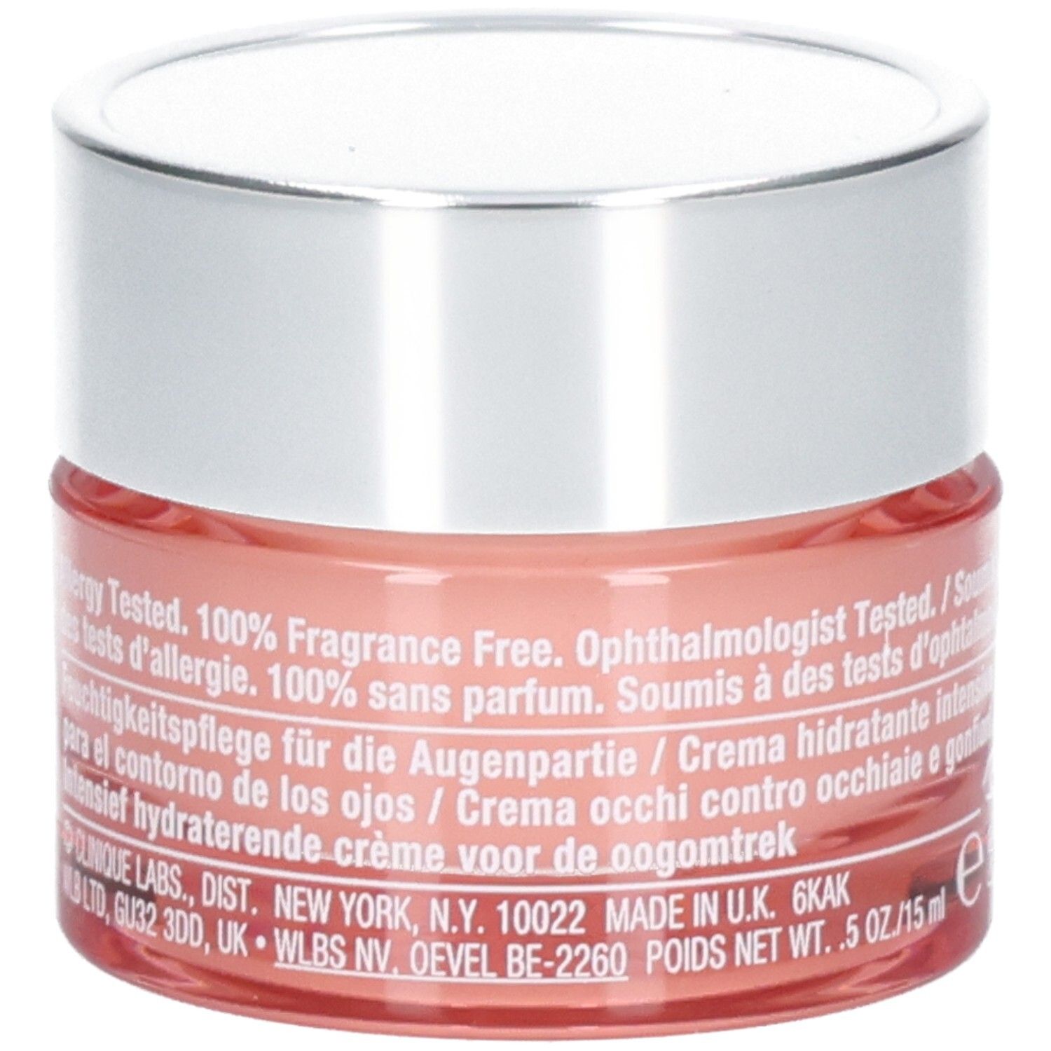 Ronde pot met zilveren deksel. Roze crème. Meertalige opschriften. 5 oz/15 ml.