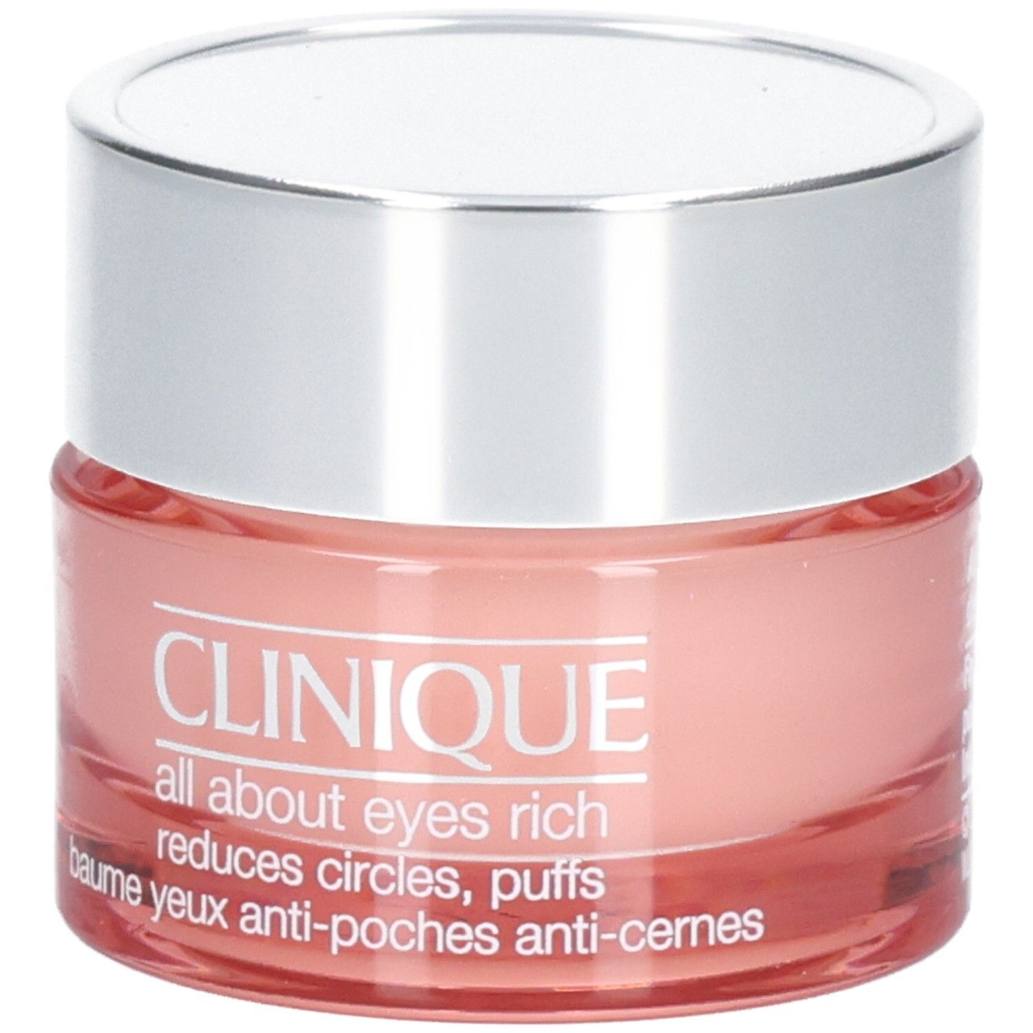 Ronde pot met zilveren deksel. Roze crème. Opschrift: Clinique all about eyes rich, vermindert kringen en wallen.