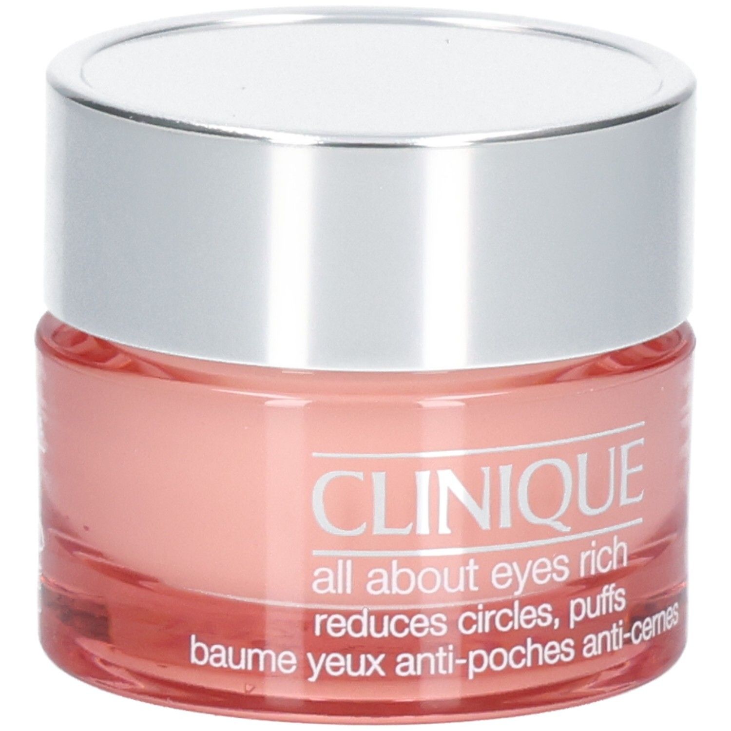 Ronde pot met zilveren deksel. Roze crème. Opschrift: Clinique all about eyes rich, vermindert kringen en wallen.
