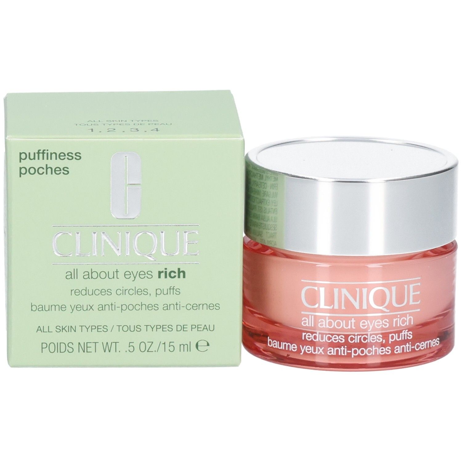 Groene doos en pot. Opschrift: Clinique all about eyes rich, vermindert kringen en wallen. 0.5 oz/15 ml.