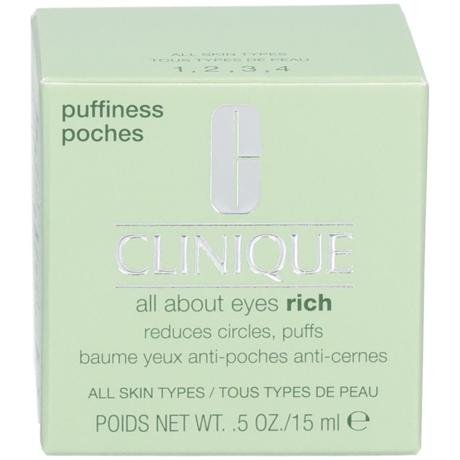 Groene doos. Opschrift: Clinique all about eyes rich, vermindert kringen en wallen. 0.5 oz/15 ml.
