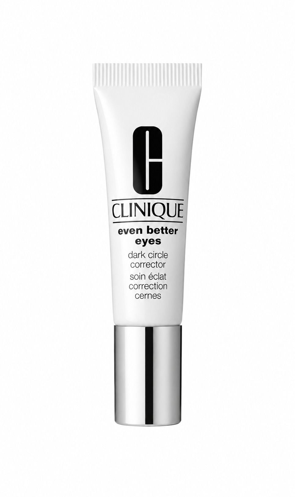 Tube blanc avec capuchon argenté. Logo Clinique noir et nom du produit : Even Better Eyes, Dark Circle Corrector.