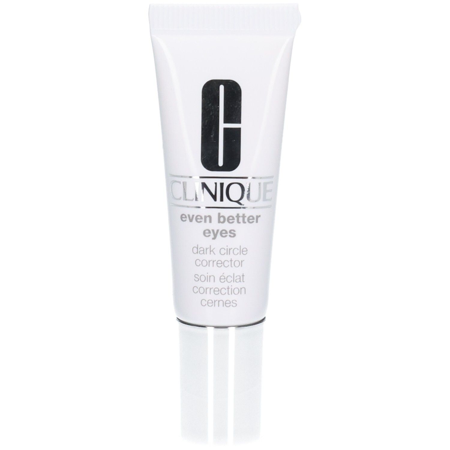 Witte tube met zwart Clinique-logo en productnaam. Tekst: Even Better Eyes, Dark Circle Corrector, Soin éclat cernes.