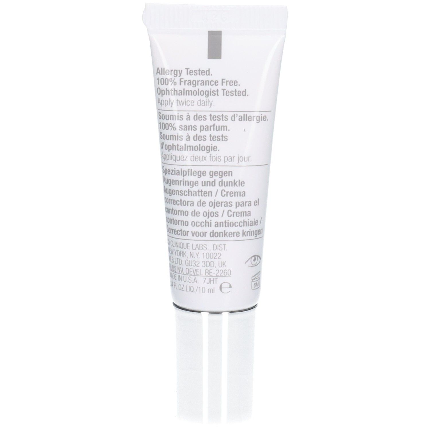 Achterkant van de witte tube. Tekst: Allergy Tested, 100% Fragrance Free. Gebruiksaanwijzing en ingrediënten.