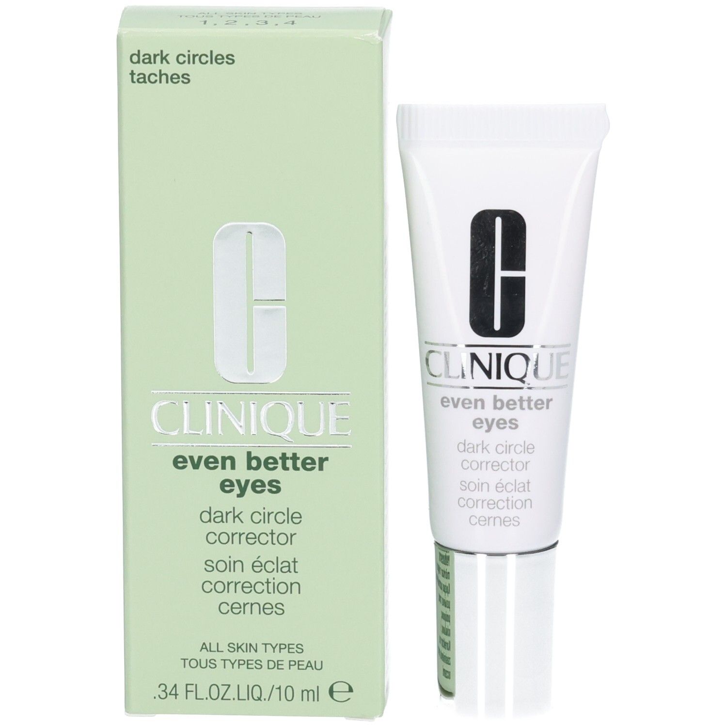Product en verpakking. Witte tube en groene doos. Tekst: Clinique, Even Better Eyes, Dark Circle Corrector, Soin éclat cernes.