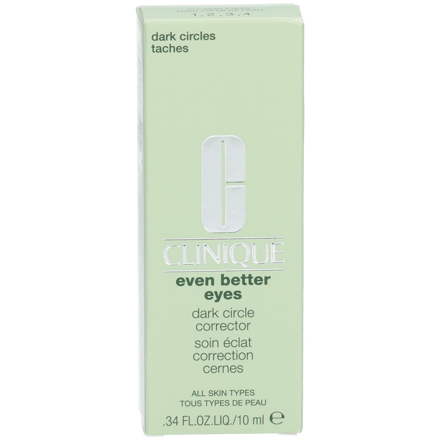 Groene doos met productnaam. Tekst: Clinique, Even Better Eyes, Dark Circle Corrector, Soin éclat cernes.