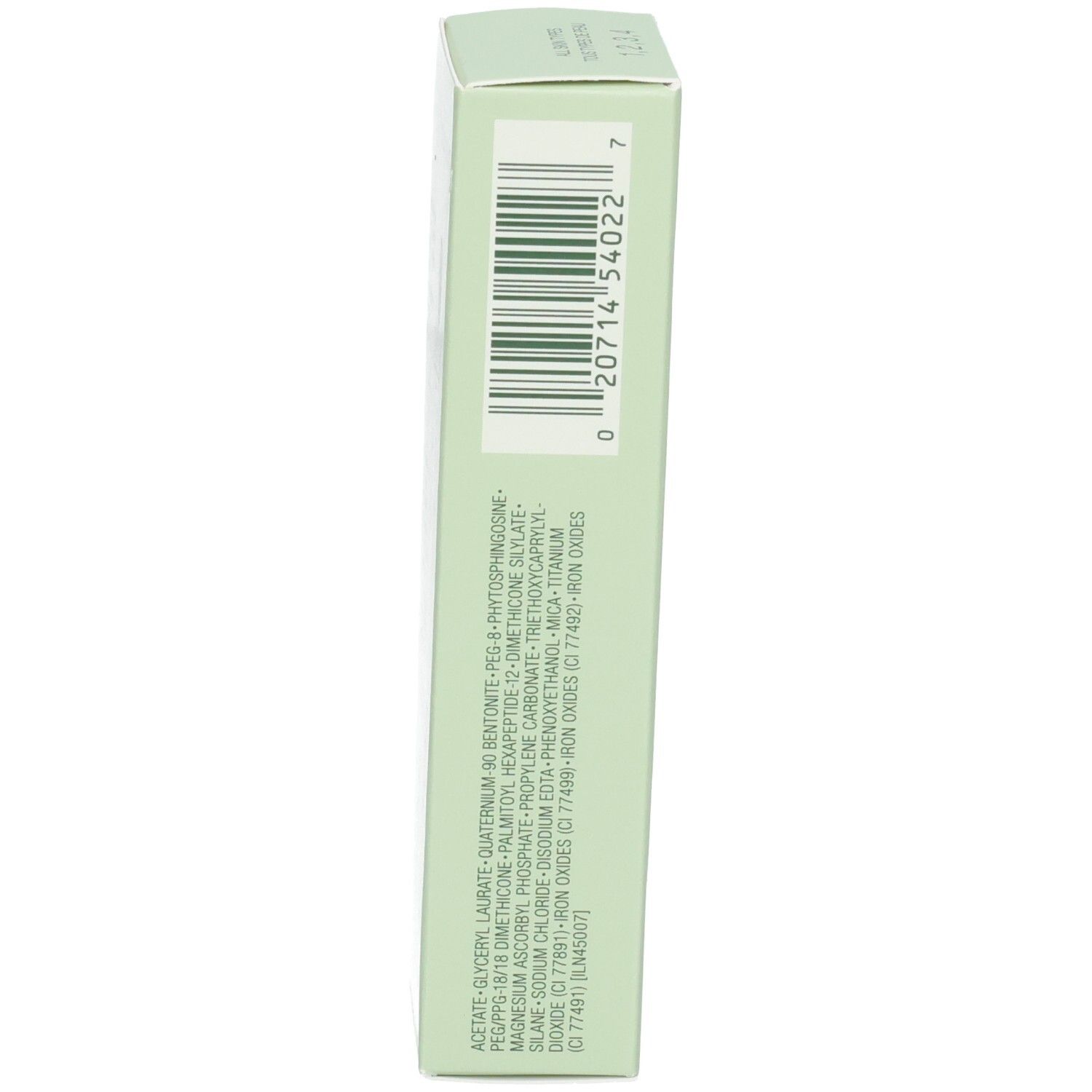 Achterkant van de groene doos. Barcode en ingrediënten. Tekst: Ingrediënten.