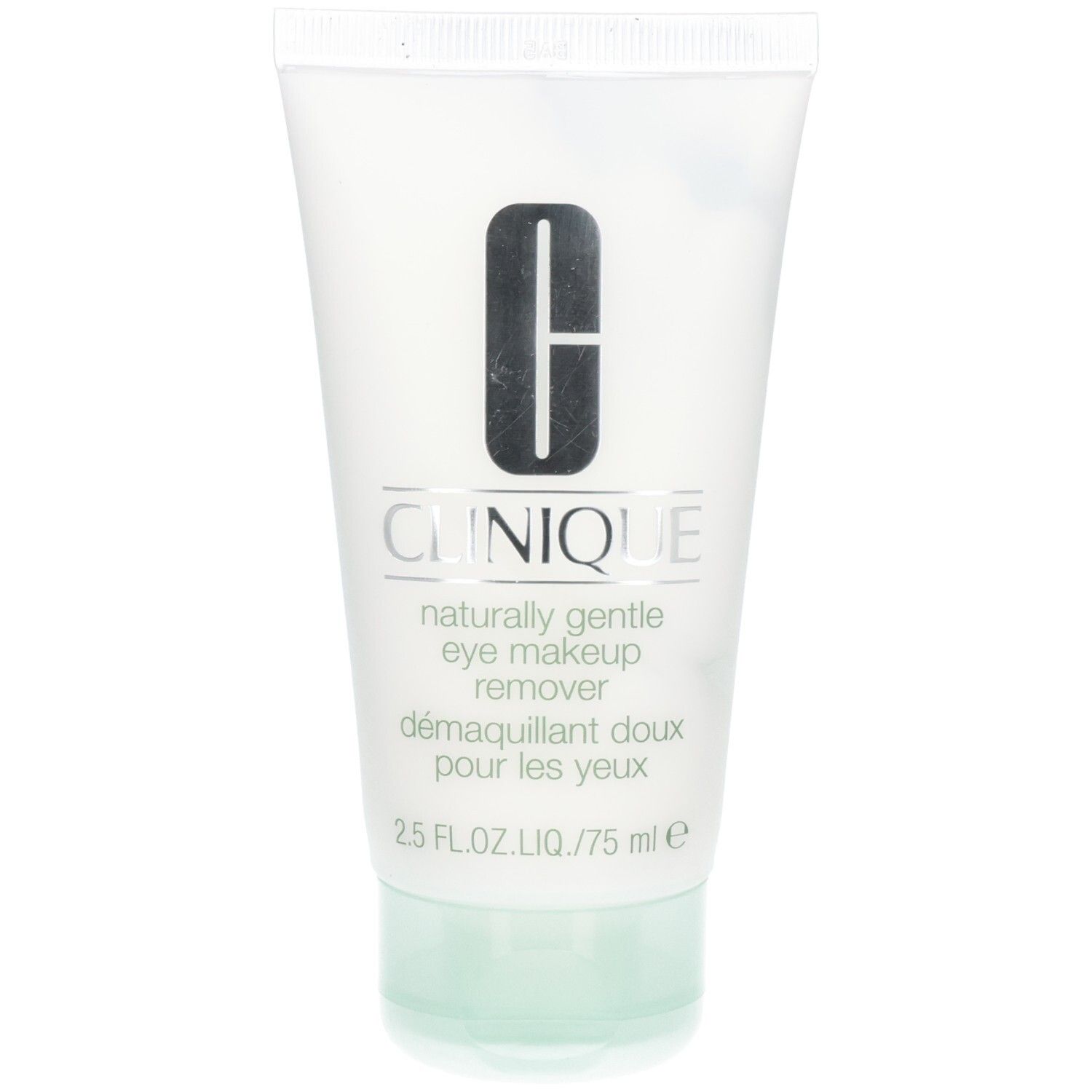 Witte tube met groene dop. Opschrift CLINIQUE, gevolgd door "naturally gentle eye makeup remover" en "démaquillant doux pour les yeux".