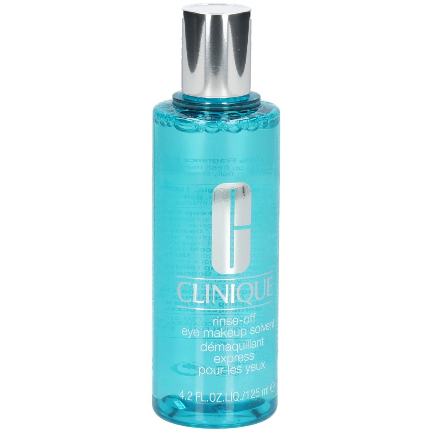 Clinique oogmake-up remover, 125 ml, blauwe vloeistof in transparante fles met zilveren dop.