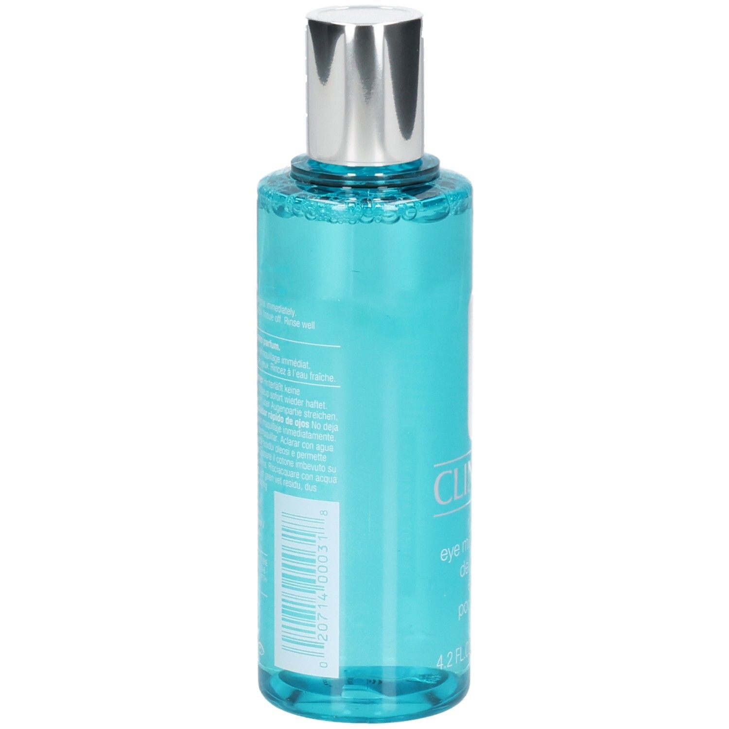 Achterkant van de Clinique oogmake-up remover, 125 ml, met barcode en productinformatie.