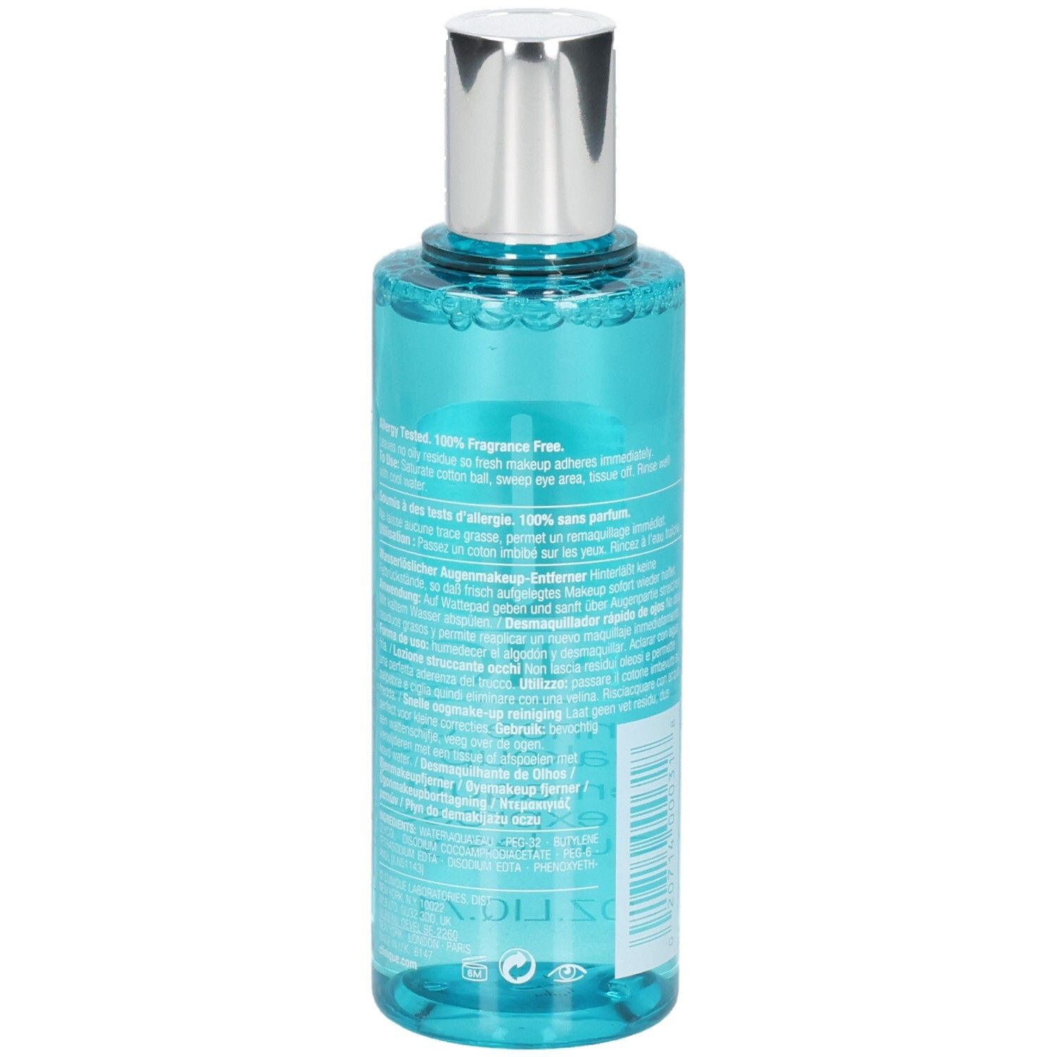 Zijaanzicht van de Clinique oogmake-up remover, 125 ml, met gedetailleerde gebruiksinstructies.