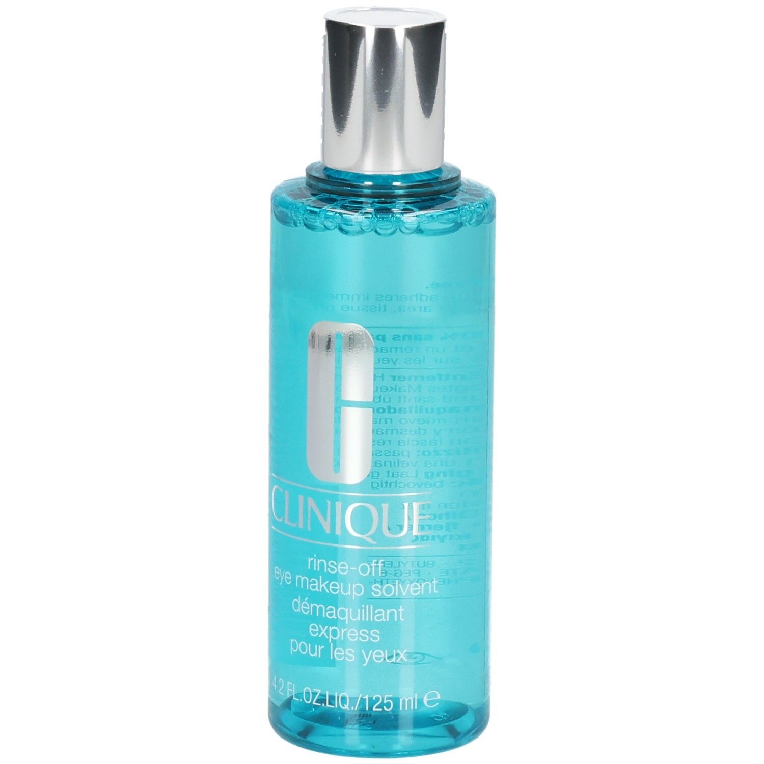 Clinique oogmake-up remover, 125 ml, blauwe vloeistof in transparante fles met zilveren dop.