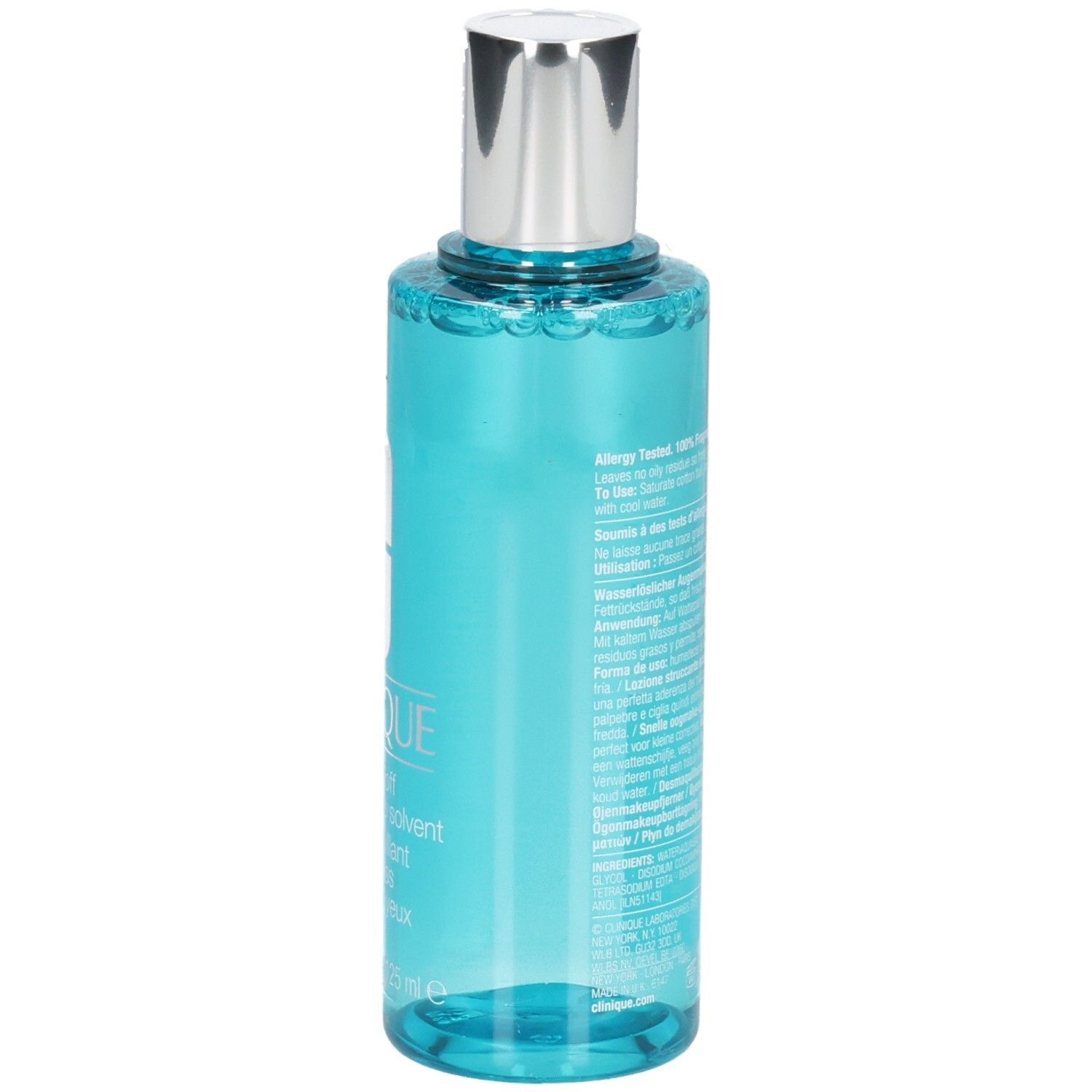 Zijaanzicht van de Clinique oogmake-up remover, 125 ml, met gedetailleerde gebruiksinstructies.