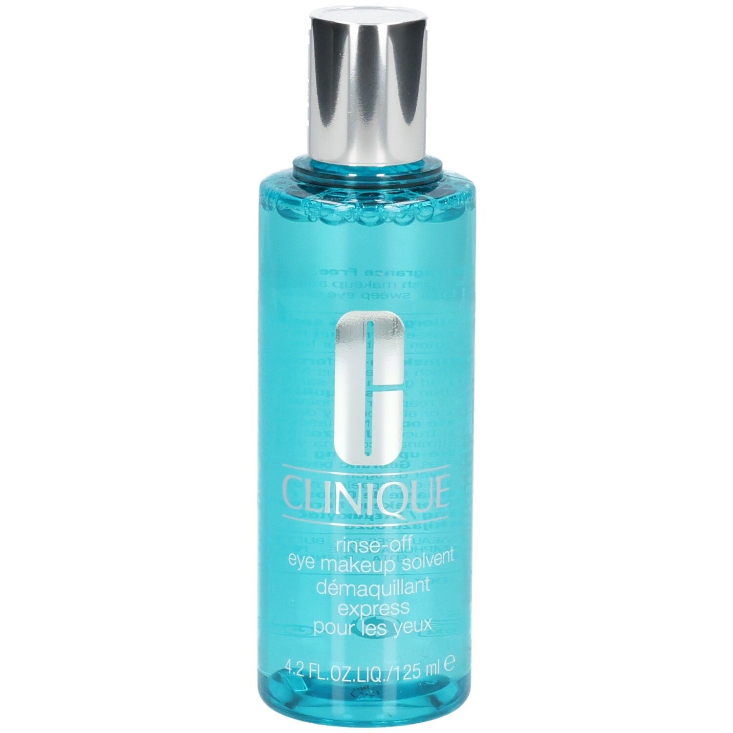 Clinique oogmake-up remover, 125 ml, blauwe vloeistof in transparante fles met zilveren dop.