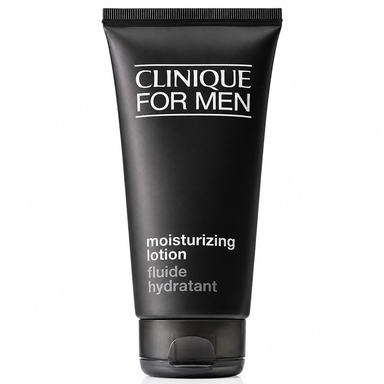 Zwarte tube met witte tekst CLINIQUE FOR MEN. Daaronder: moisturizing lotion, fluide hydratant.
