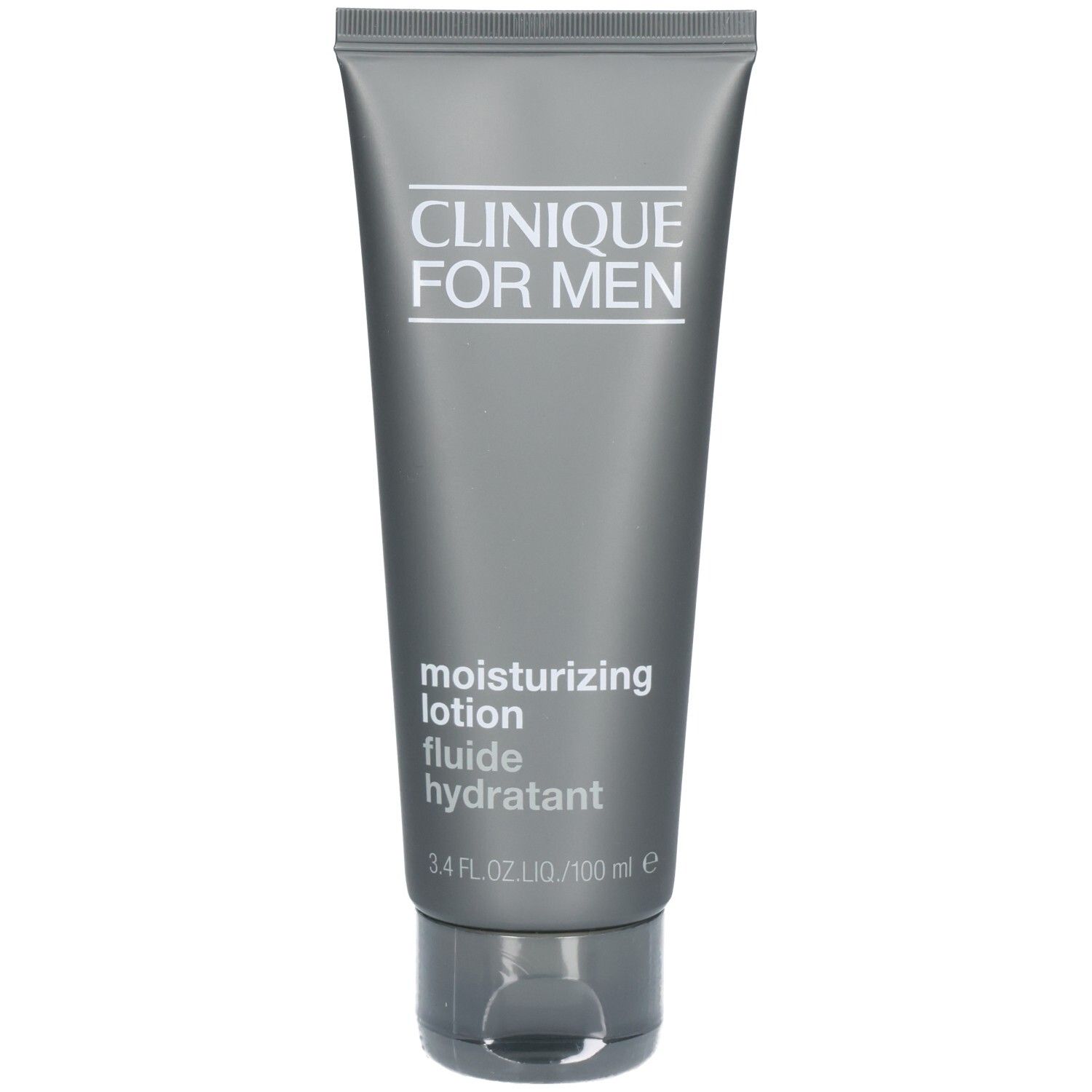 Tube gris avec texte blanc CLINIQUE FOR MEN. En dessous : moisturizing lotion, fluide hydratant. 3.4 FL.OZ.LIQ./100 ml e.