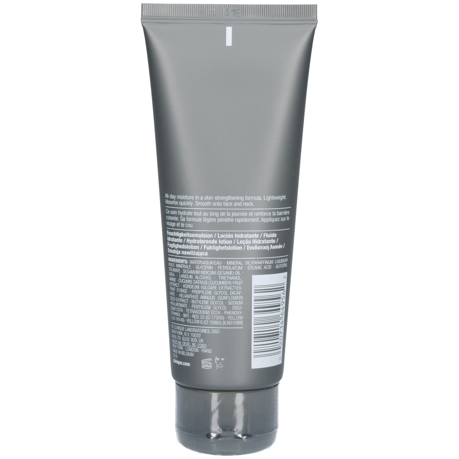 Dos d'un tube gris. Texte multilingue, dont : moisturizing lotion, fluide hydratant. Code-barres et ingrédients.