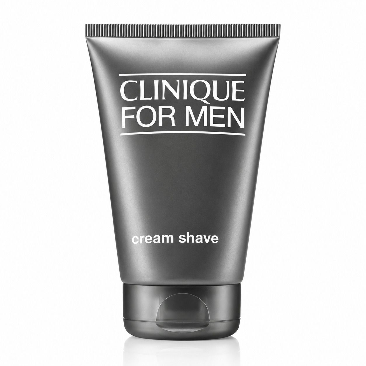 Grijze tube met "CLINIQUE FOR MEN" en "cream shave" in witte letters. Zwarte dop.