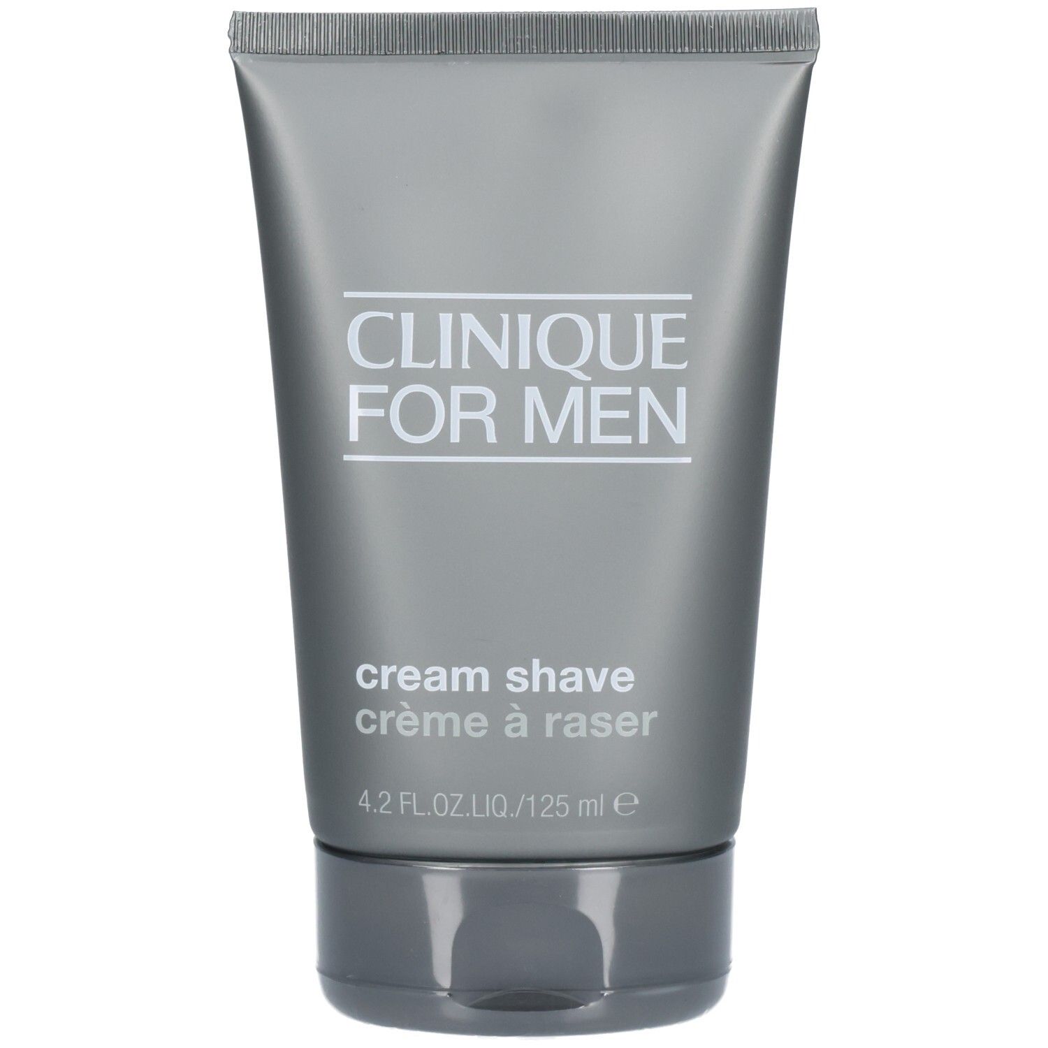 Tube gris avec "CLINIQUE FOR MEN" et "cream shave". "Crème à raser" et indication de volume en bas.