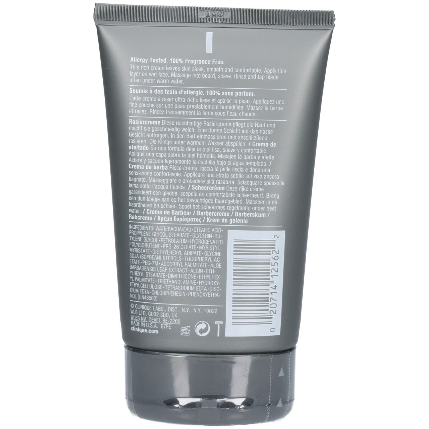 Dos du tube gris. Texte multilingue, dont "Allergy Tested, 100% Fragrance Free".