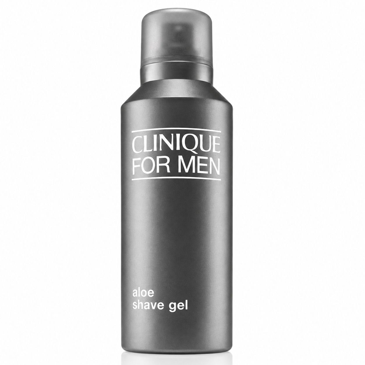 Flacon gris Clinique for Men. Texte: Aloe Shave Gel. Bouchon. Étiquette avec informations produit.