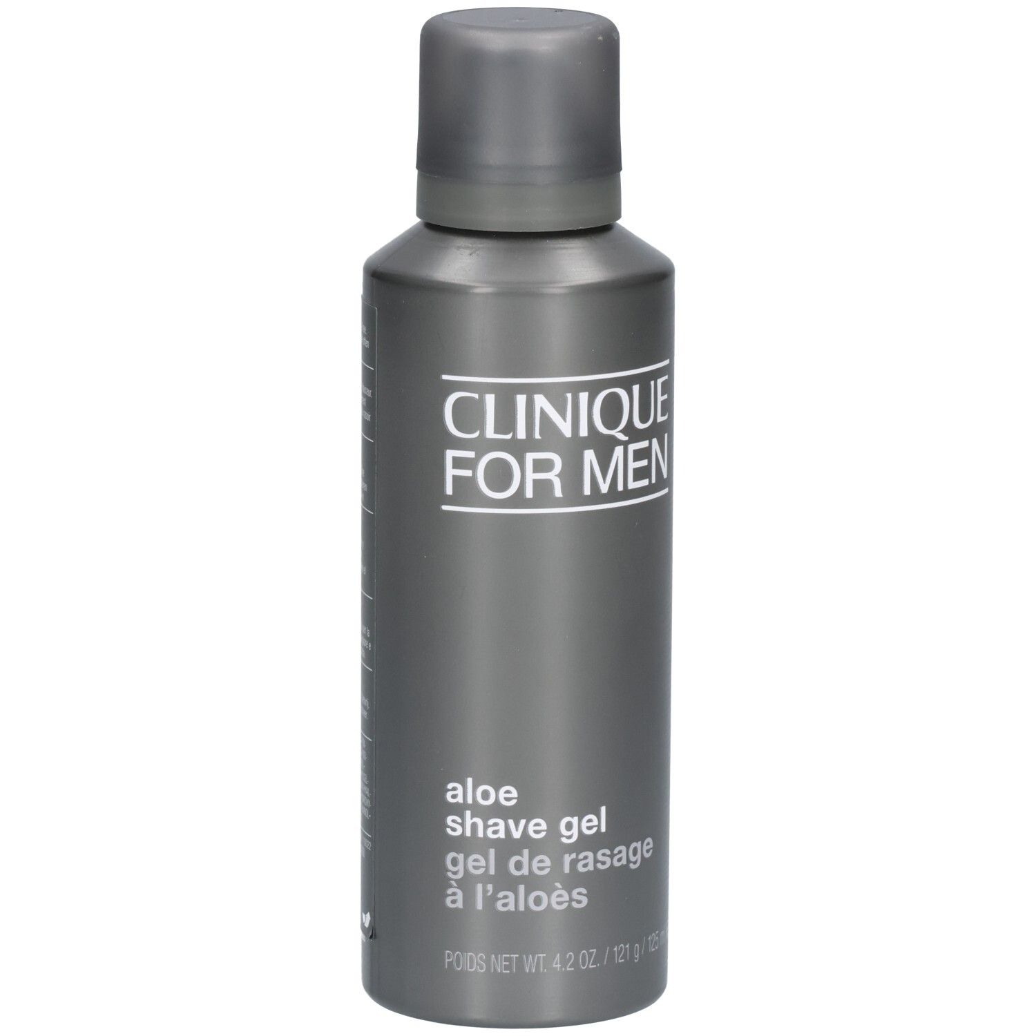 Grijze fles Clinique for Men. Tekst: Aloe Shave Gel. Dop. Etiket met productinformatie.