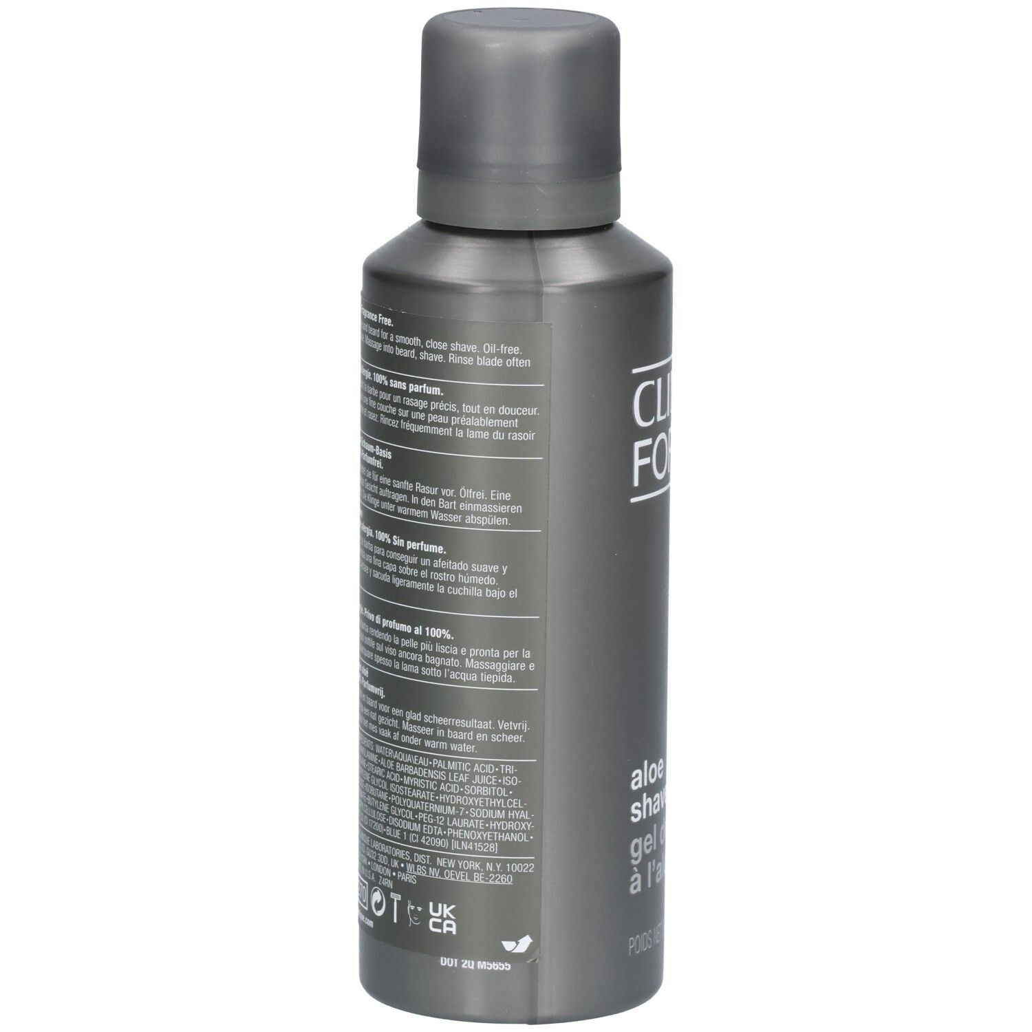 Grijze fles Clinique for Men. Achterkant met tekst. Etiket met ingrediënten en waarschuwingen.
