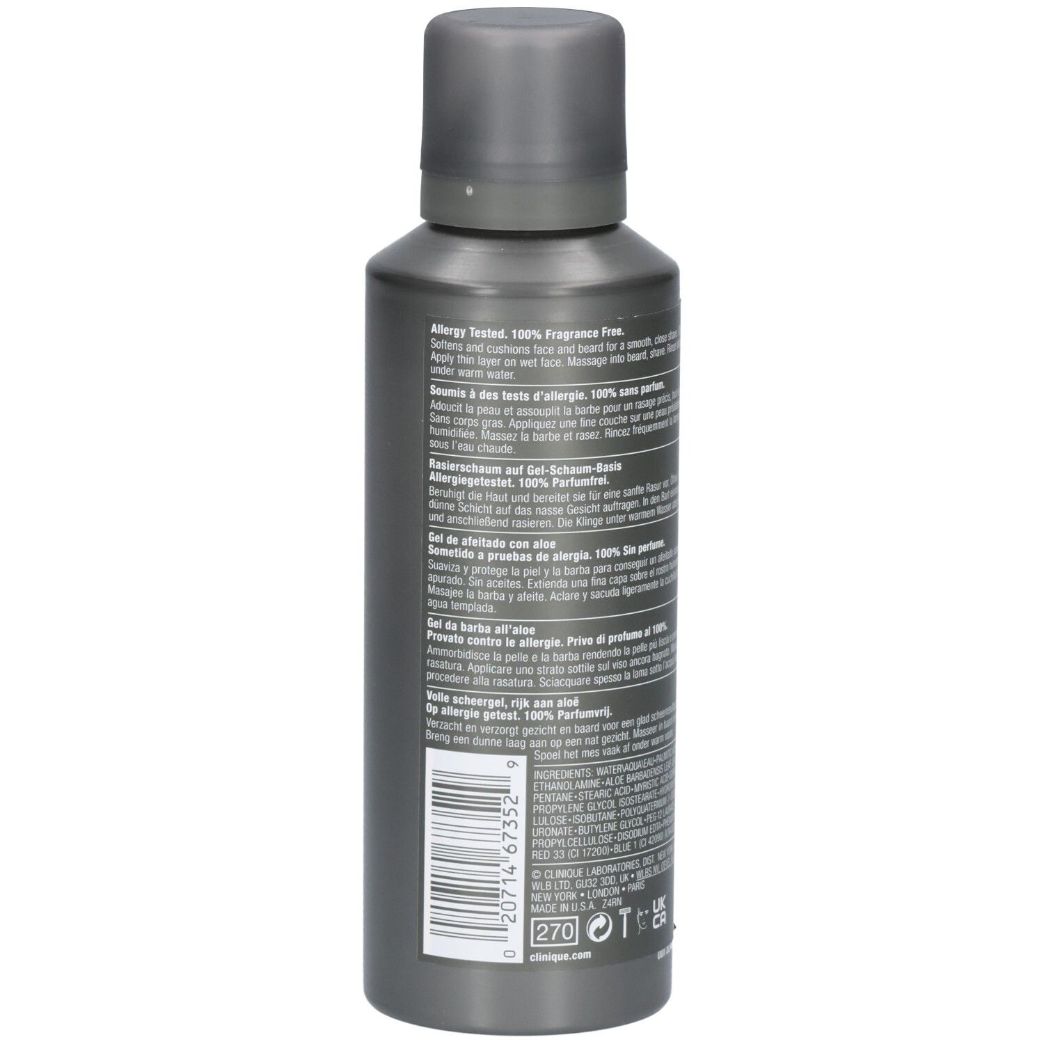 Grijze fles Clinique for Men. Achterkant met tekst. Etiket met ingrediënten en waarschuwingen.
