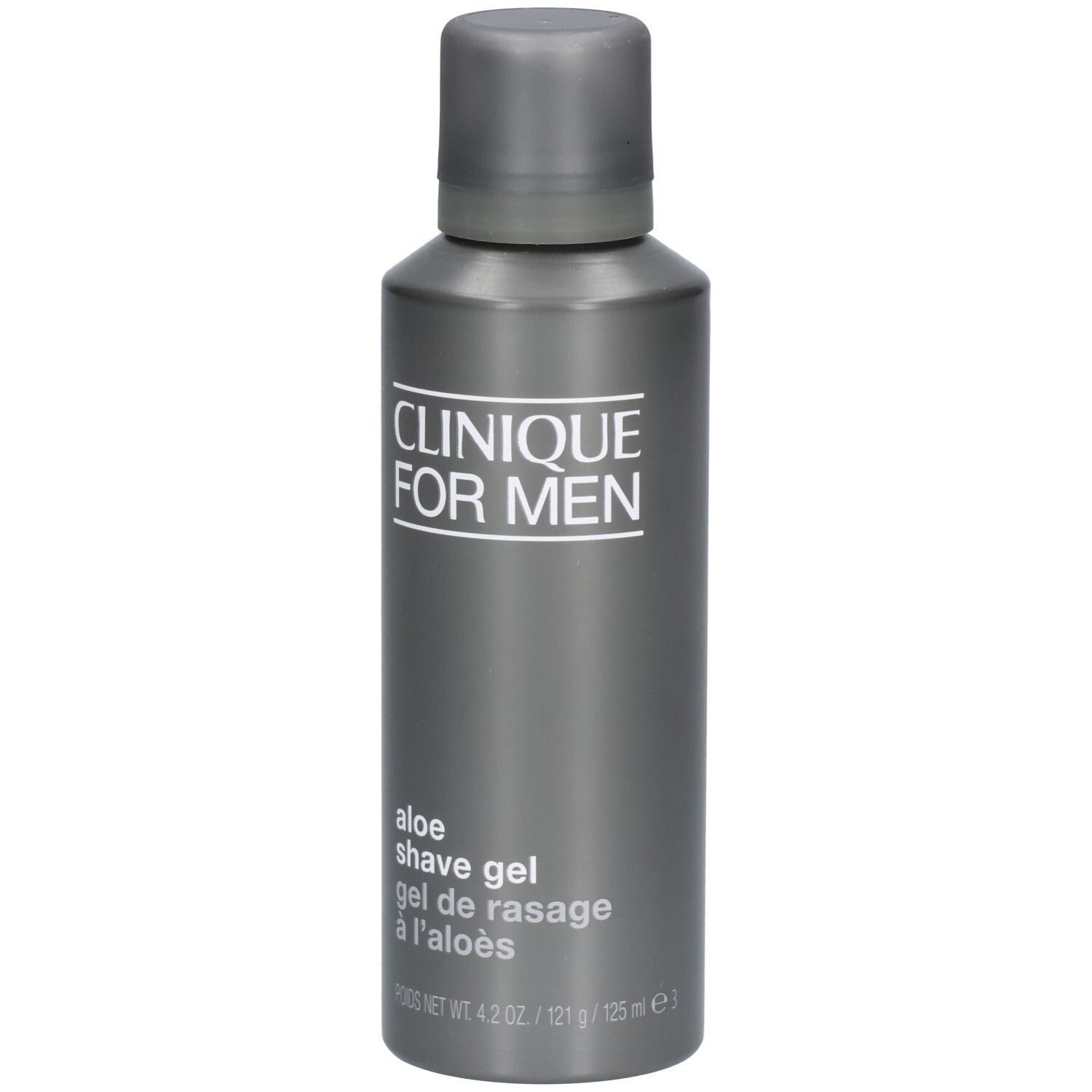 Grijze fles Clinique for Men. Tekst: Aloe Shave Gel. Dop. Etiket met productinformatie.