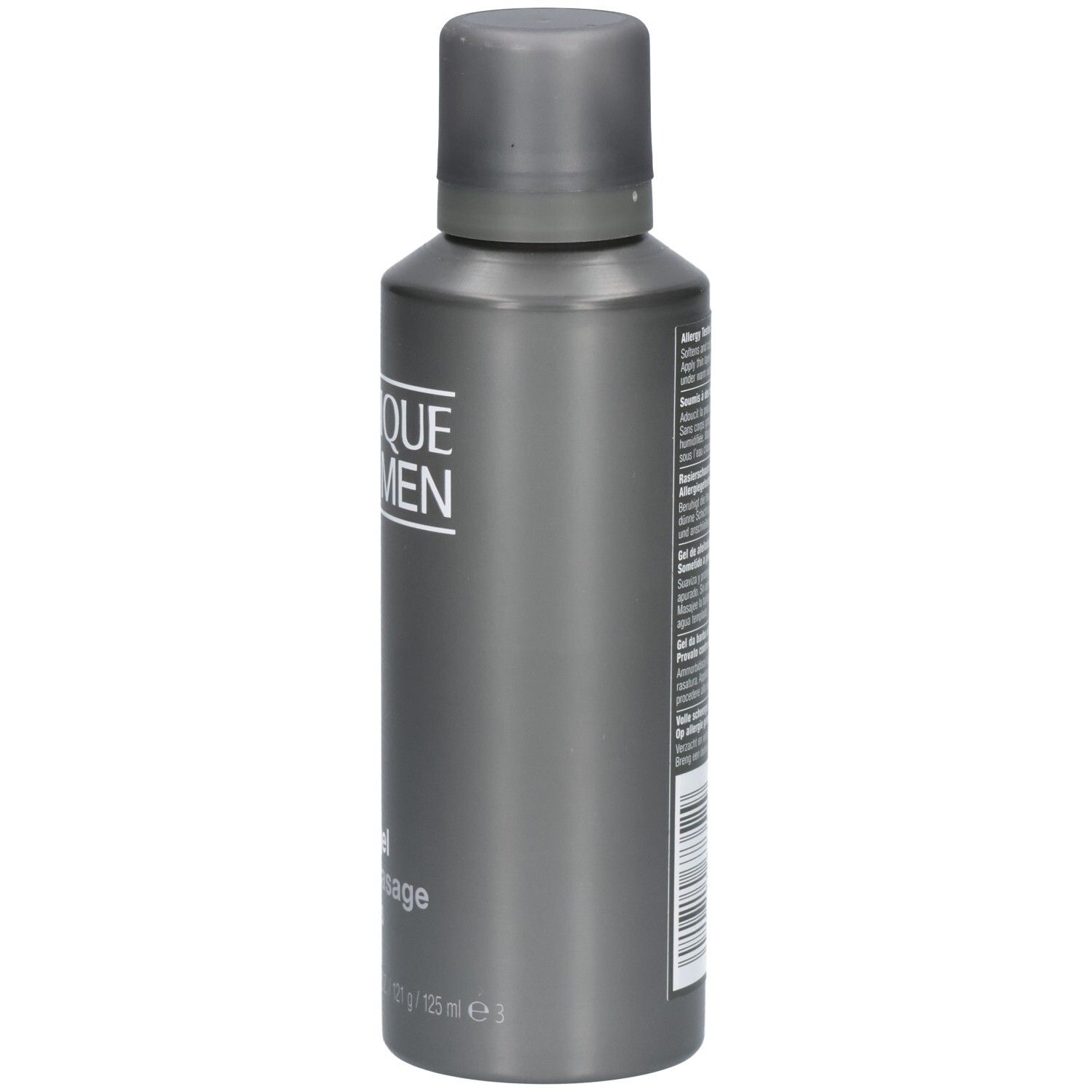 Grijze fles Clinique for Men. Tekst: Aloe Shave Gel. Dop. Etiket met productinformatie.