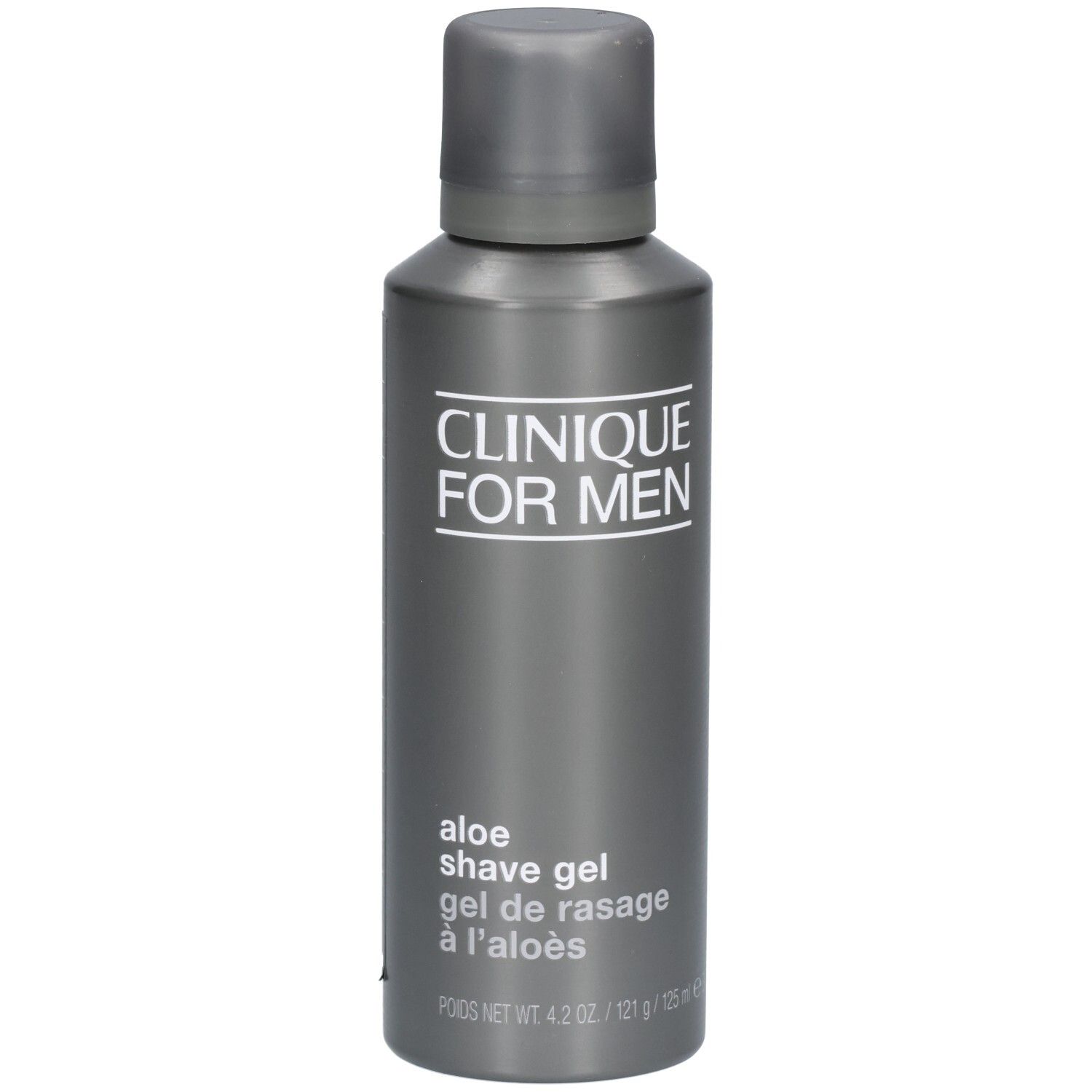 Grijze fles Clinique for Men. Tekst: Aloe Shave Gel. Dop. Etiket met productinformatie.