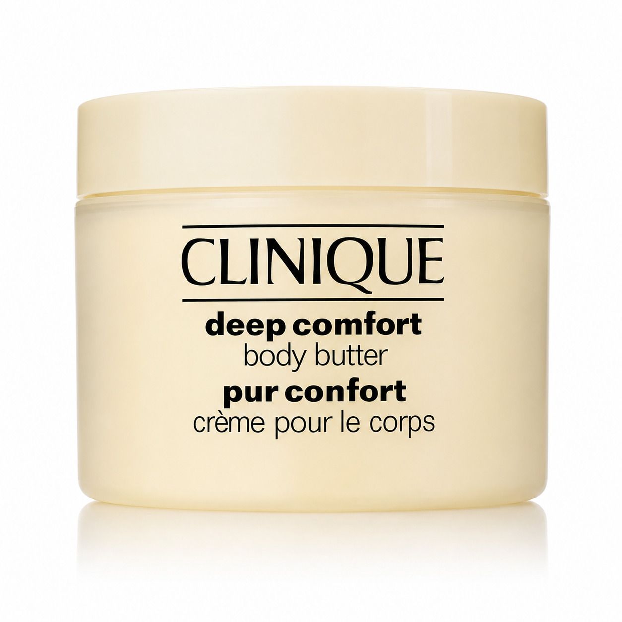 Pot de crème avec couvercle. Inscription: CLINIQUE, deep comfort body butter, pur confort, crème pour le corps.