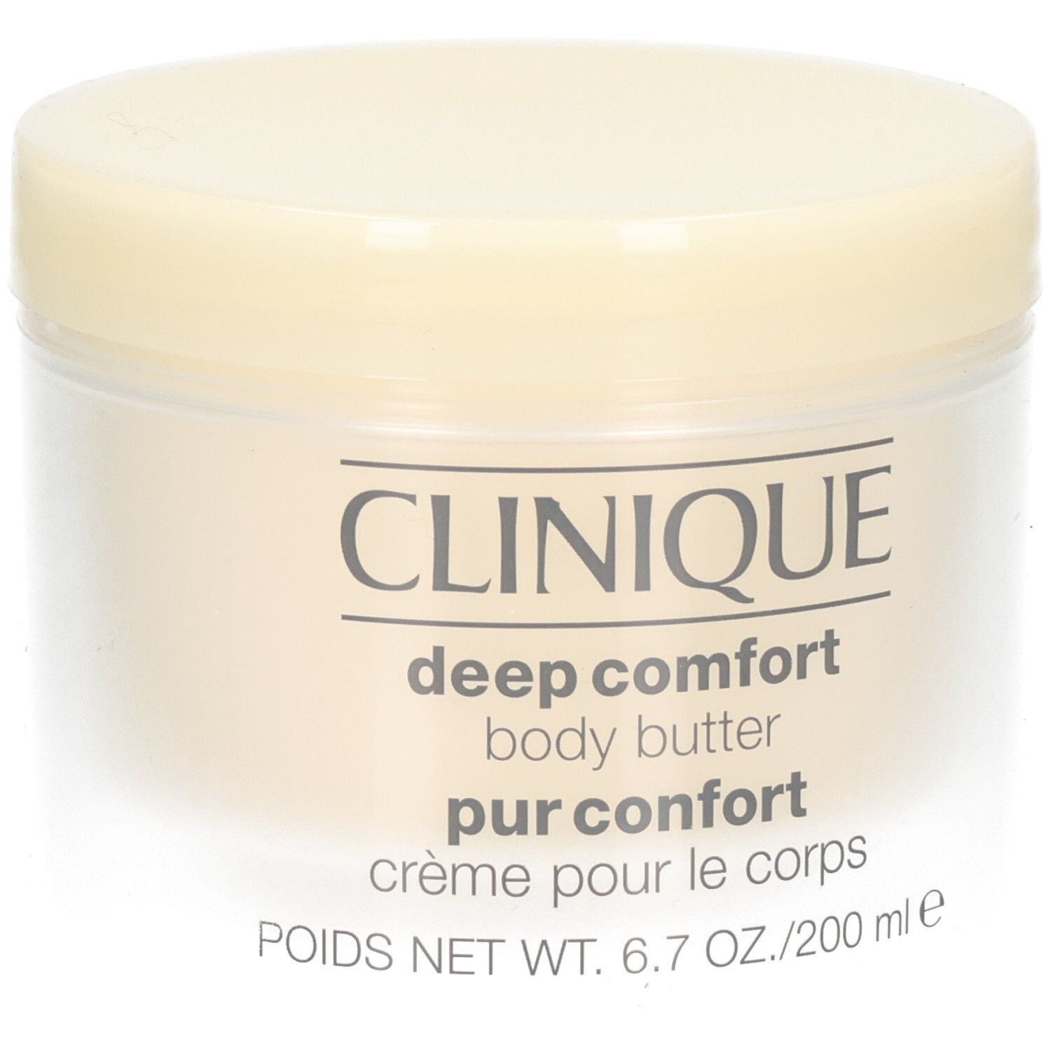 Pot de crème avec couvercle. Inscription: CLINIQUE, deep comfort body butter, pur confort, crème pour le corps.