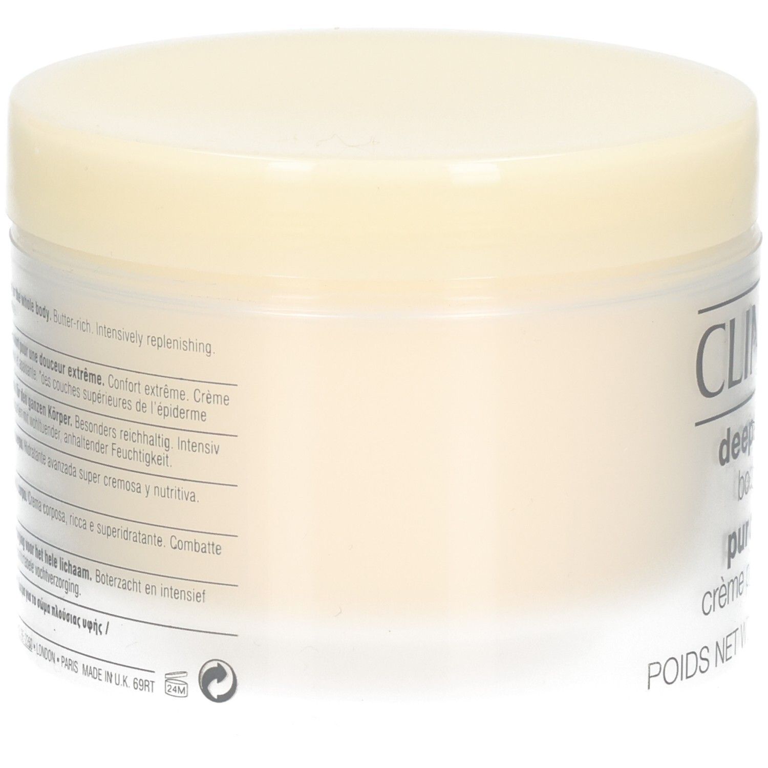 Pot de crème, vue latérale. Inscription: CLINIQUE, deep comfort body butter, pur confort, crème pour le corps.