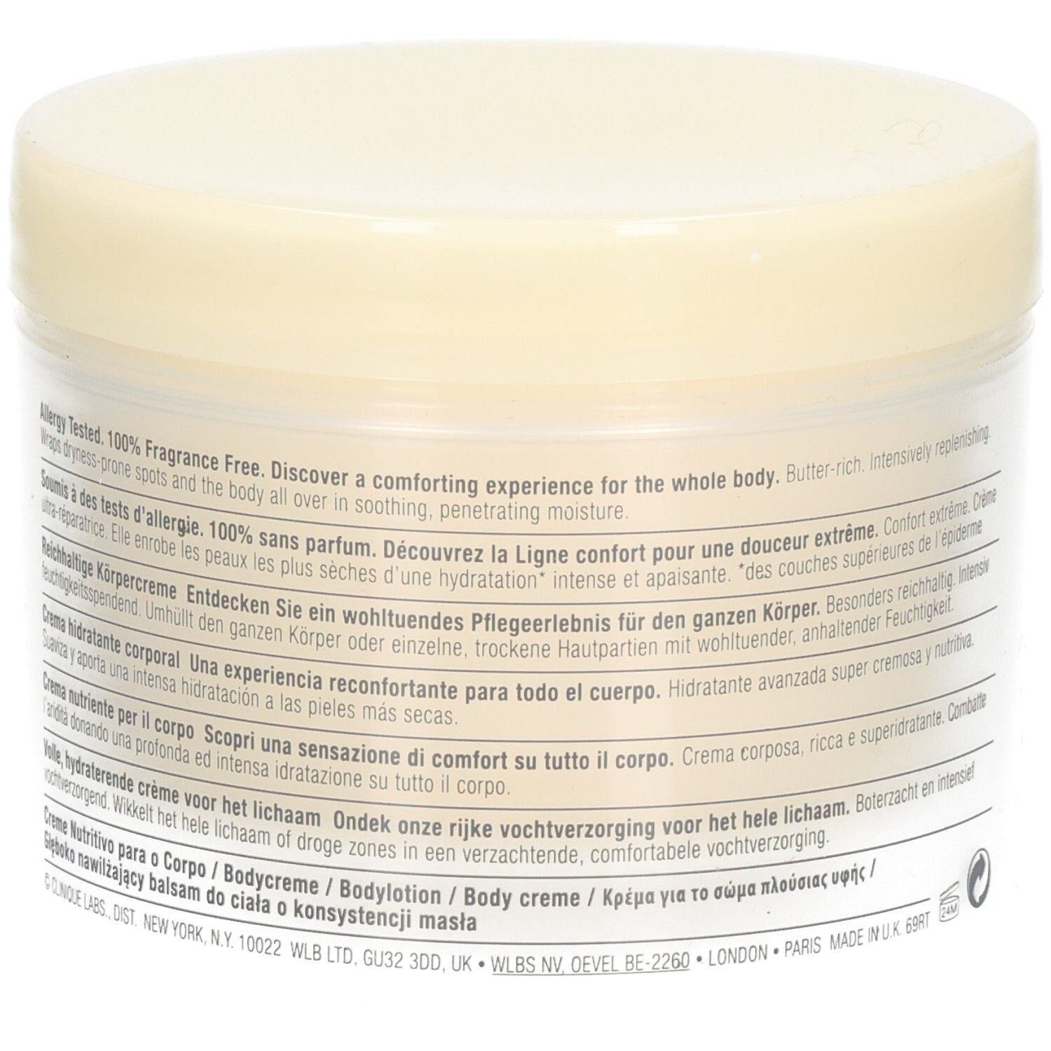 Pot de crème, dos. Texte: Allergy Tested. 100% Fragrance Free. Découvrez une expérience réconfortante.