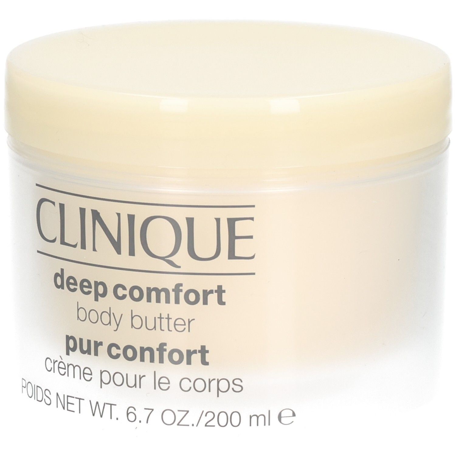 Pot de crème avec couvercle. Inscription: CLINIQUE, deep comfort body butter, pur confort, crème pour le corps.