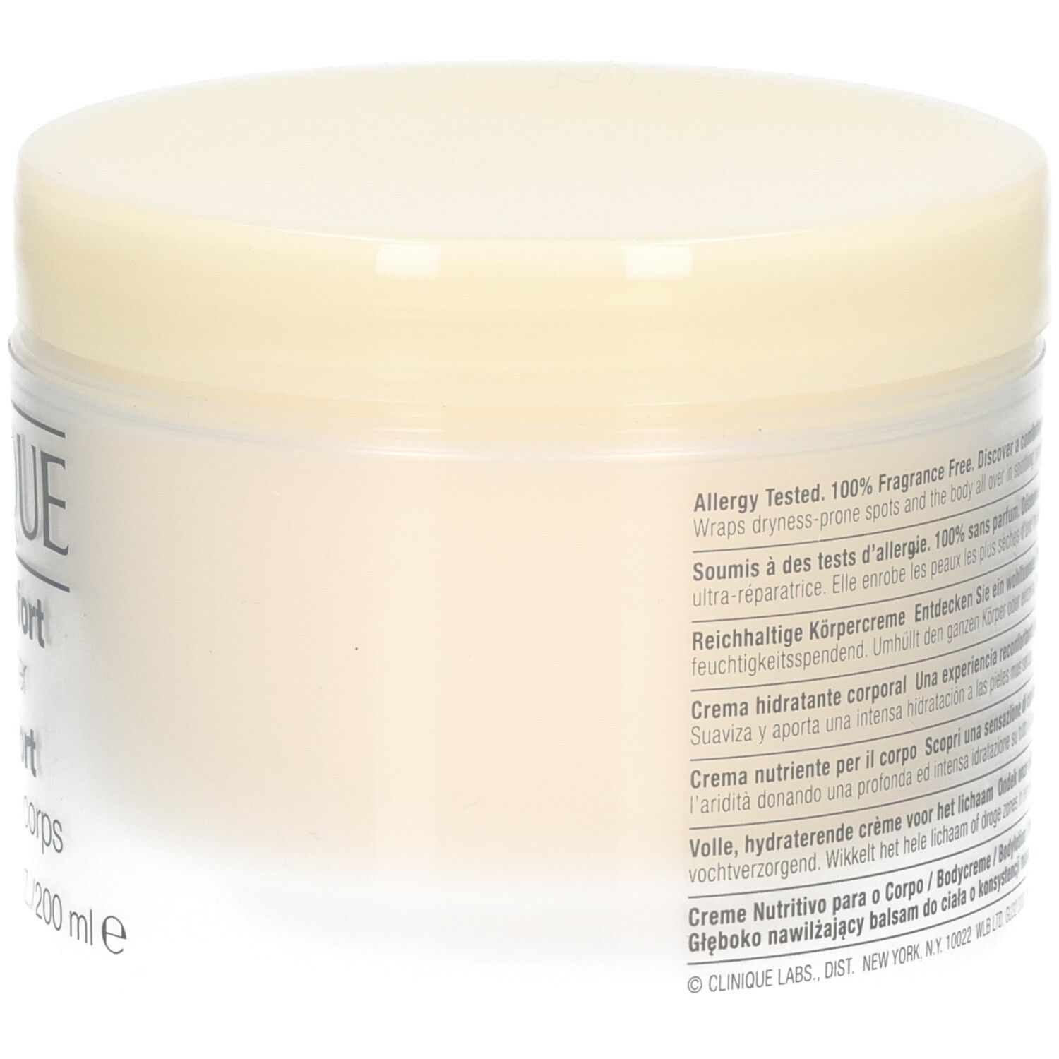 Pot de crème, vue latérale. Inscription: CLINIQUE, deep comfort body butter, pur confort, crème pour le corps.