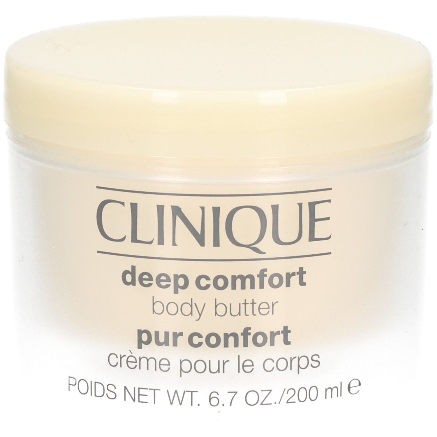 Pot de crème avec couvercle. Inscription: CLINIQUE, deep comfort body butter, pur confort, crème pour le corps.
