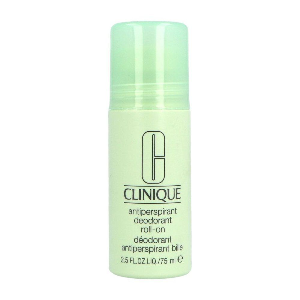 Déodorant anti-transpirant roll-on Clinique. Flacon blanc, capuchon vert. Logo et texte sur le devant.