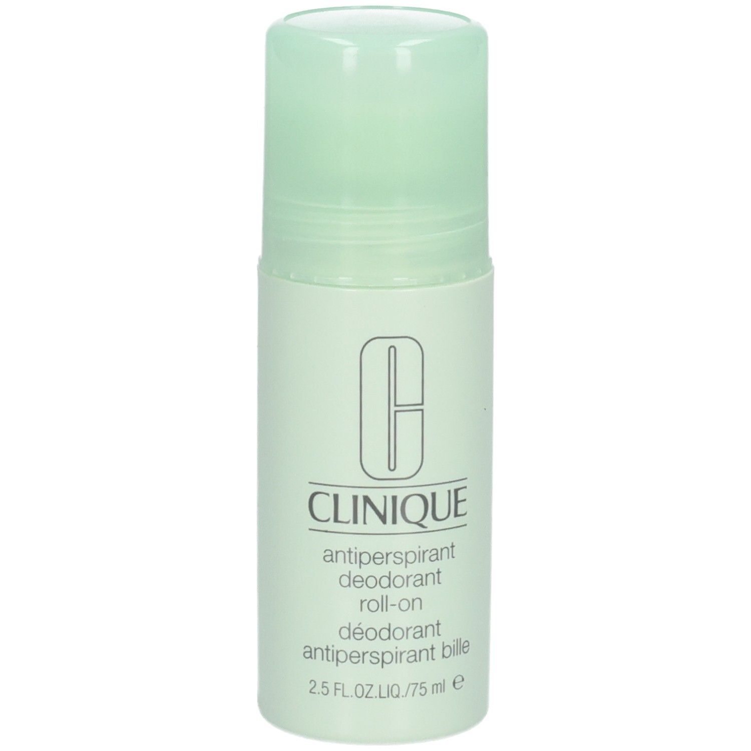 Clinique roll-on antitranspirant deodorant. Witte fles, groene dop. Logo en tekst op de voorkant.