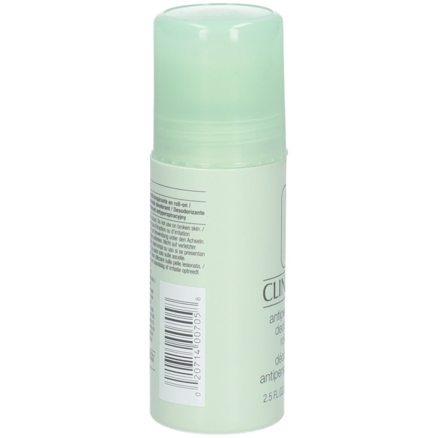 Achterkant van de Clinique roll-on deodorant. Barcode en tekst op witte achtergrond.