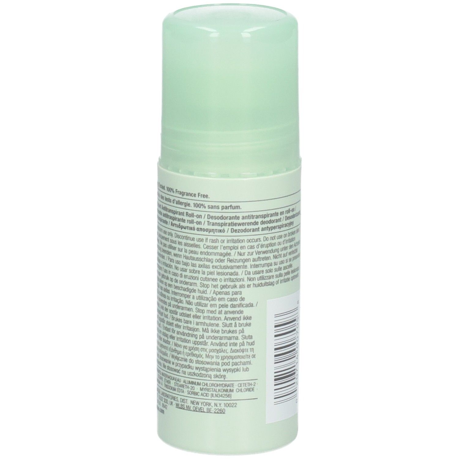 Close-up van de achterkant van de roll-on deodorant. Meertalige tekst op witte achtergrond.